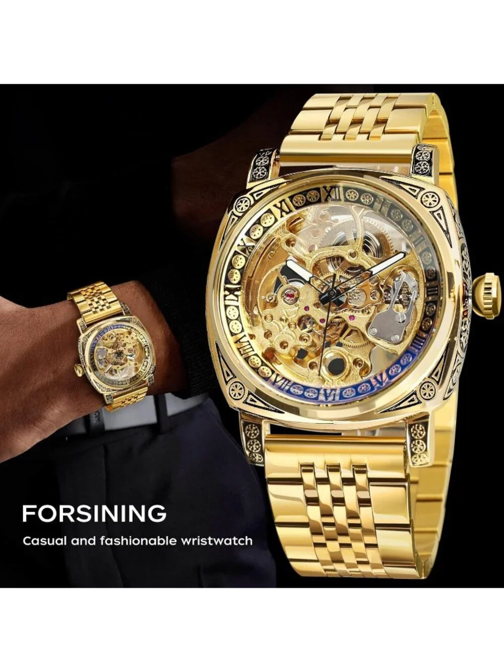 Mens All Gold Square Mechanical Stainless Steel Self-Wind Carved Automatic Watch
